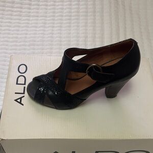 Aldo Black Peep-Toe Leather Heels with Buckle Detail